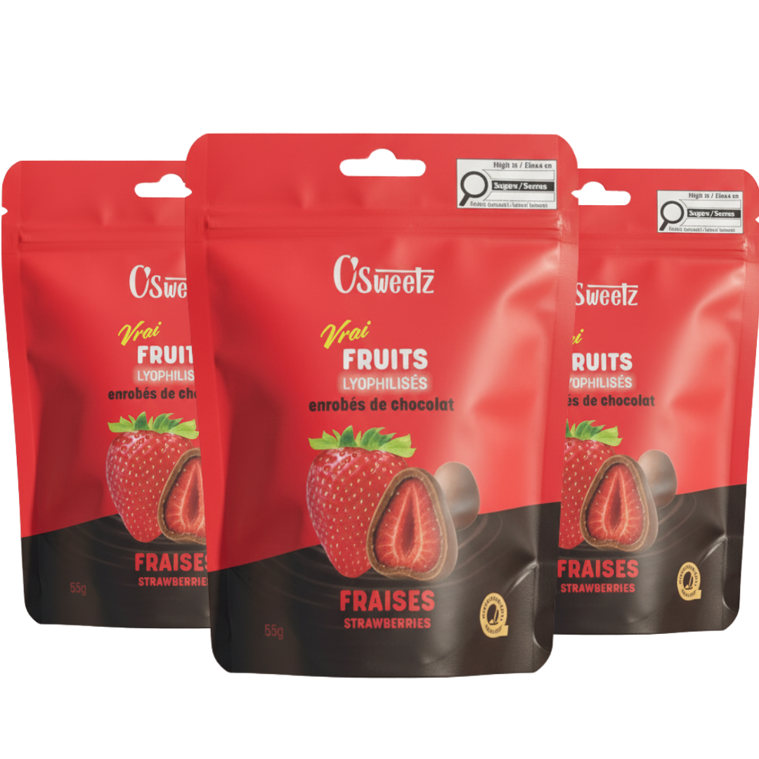 Freeze-dried strawberries coated in milk chocolate