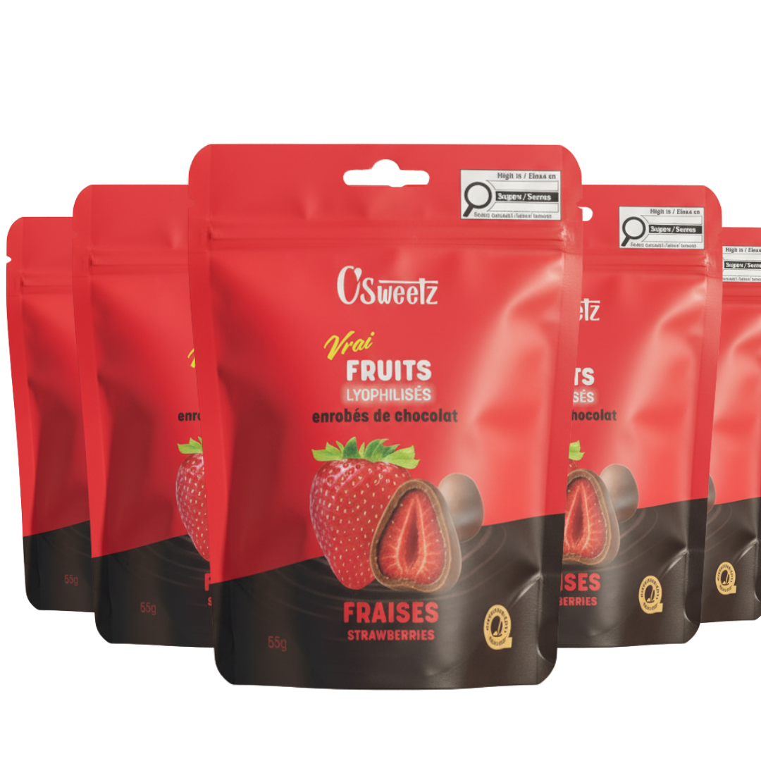 Freeze-dried strawberries coated in milk chocolate