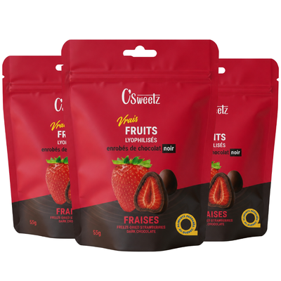Fraises lyophilisées enrobées de chocolat (55g) - Choco Noir - 3 sacs