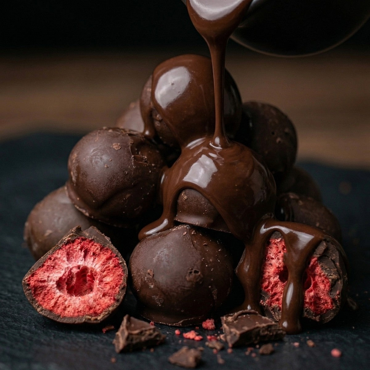 Fraises lyophilisées enrobées de chocolat noir