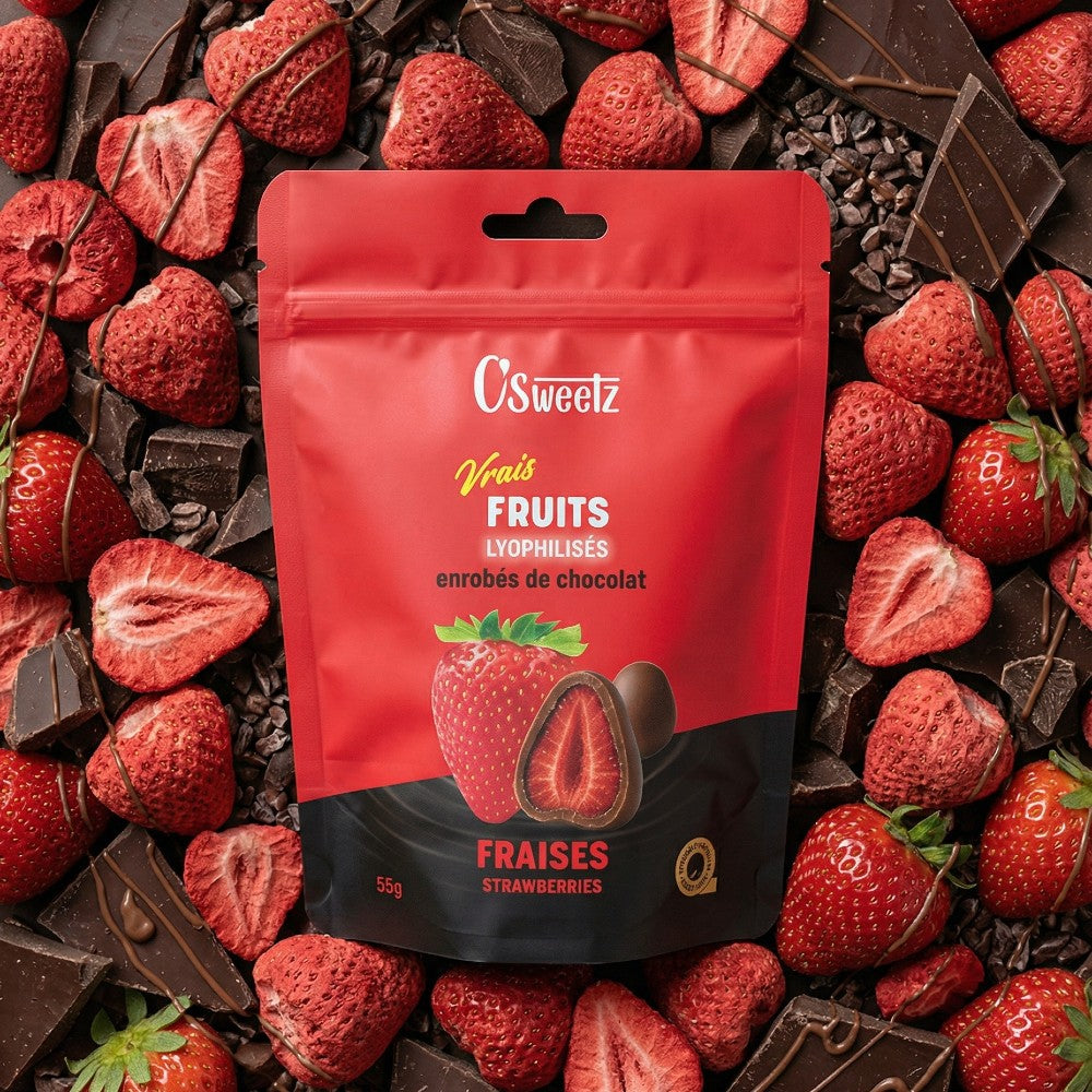 Fraises lyophilisées enrobées de chocolat (55g)